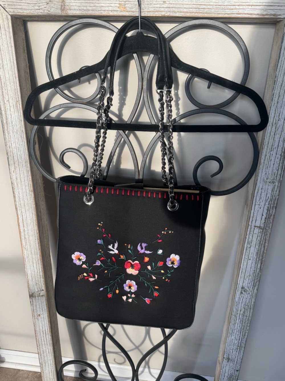 Lucy Pereda Black‎ Embroidered Floral Birds Tote Shoulder Bag Chain Strap Boho